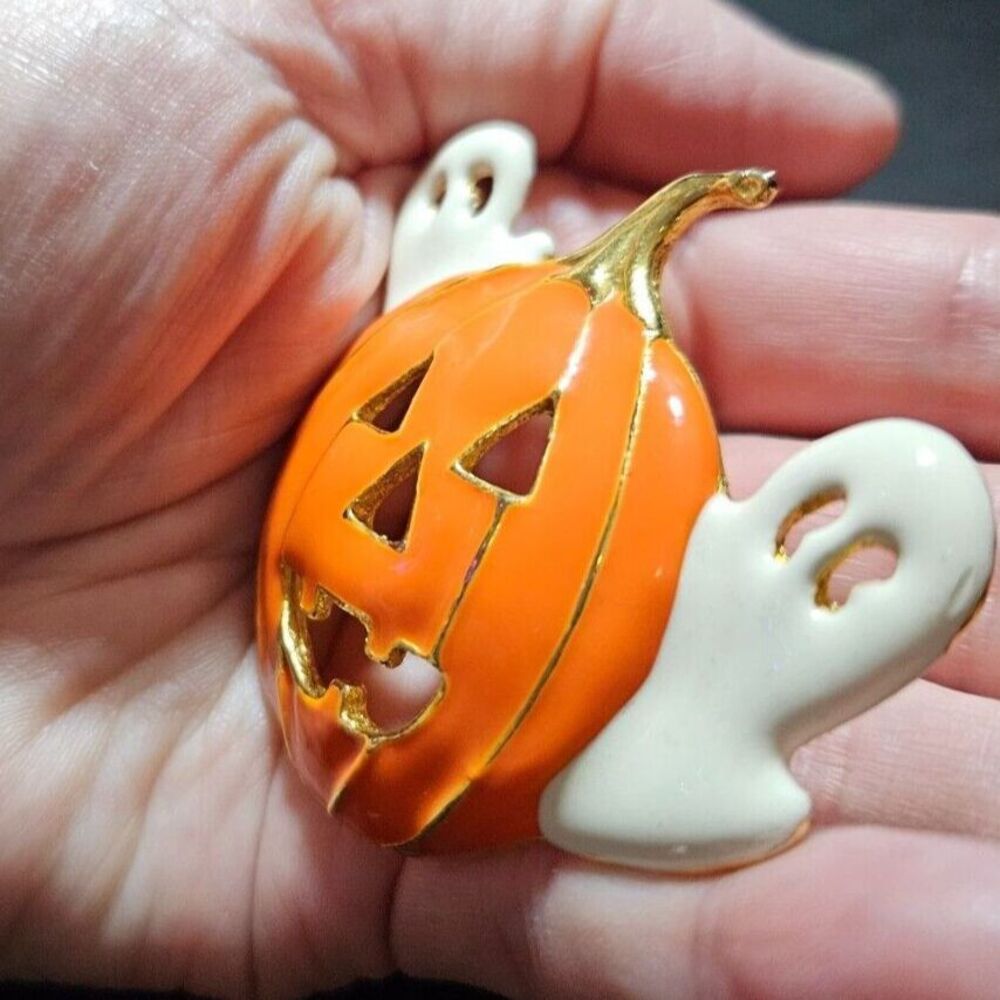 Gold tone pumpkin and ghost brooch - Picture 4 of 9
